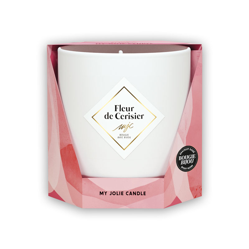 321074 My Jolie Candle Geurkaars Fleur de Cerisier met goudkleurige ketting met zwarte kraaltjes - verpakking