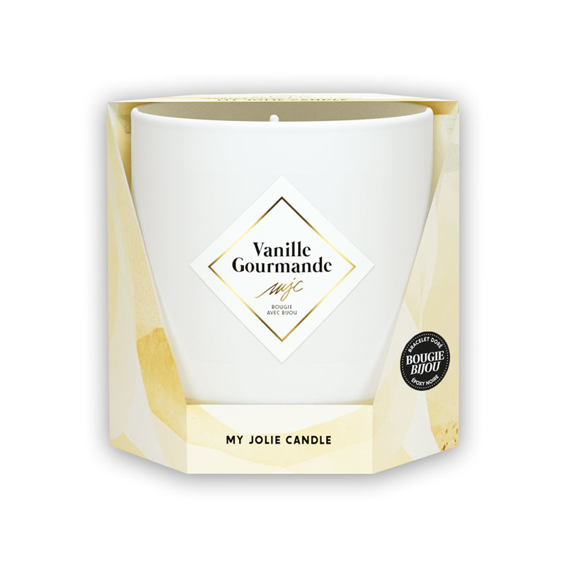 321078 My Jolie Candle Geurkaars Vanille Gourmande met goudkleurige ketting met zwarte kraaltjes - verpakking