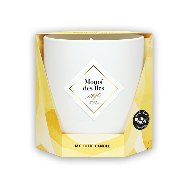 321088 My Jolie Candle Geurkaars Monoï des Îles met goudkleurige ketting met beige kraaltjes - verpakking